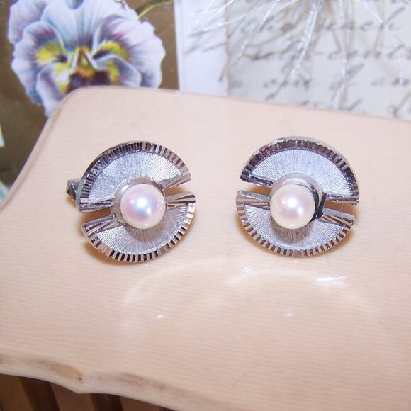 Made in Japan Sterling Silver Cultured Pearl Cufflinks | Cuff Links - Picture 1 of 10